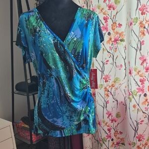 Tango Mango Vibrant Blue and Green Wrap Blouse (C61)